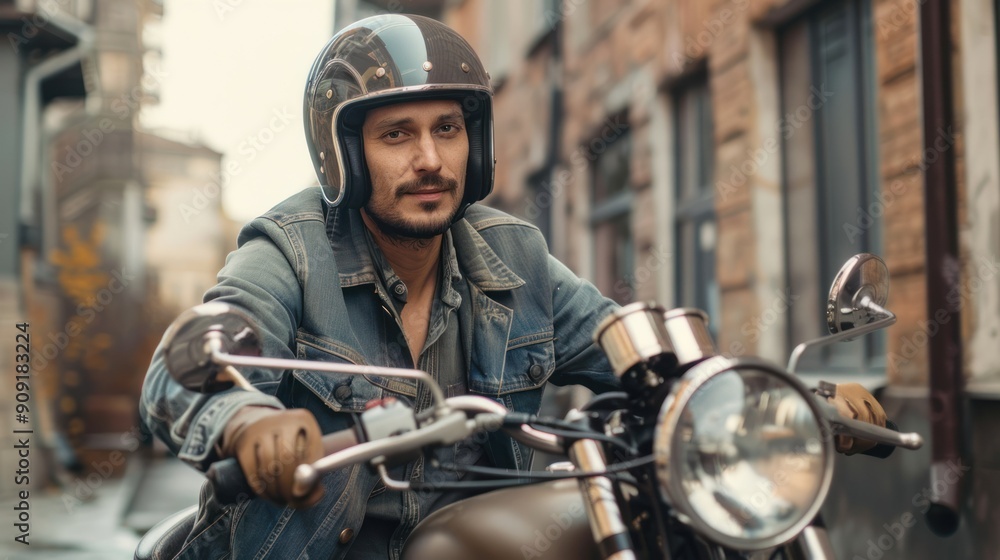 Portrait of a motorcycle mechanic with a helmet, working on a vintage motorcycle Portrait of a motorcycle mechanic with a helmet, working on a vintage motorcycle