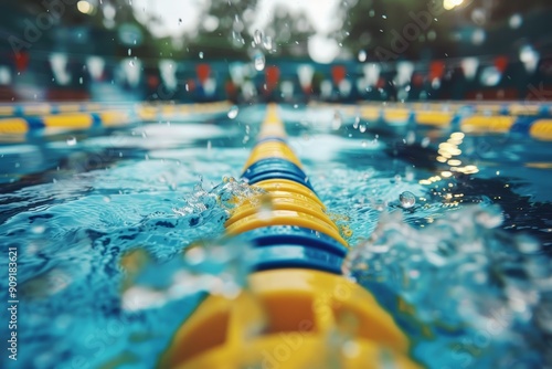 Empty Swimming Pool, Lane Markers, and Splashing Water Ready for Competition and Practice photo