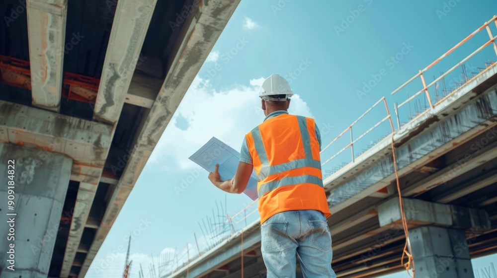 A civil engineer inspecting a bridge construction project, checking structural integrity and safety measures. A civil engineer inspecting a bridge construction project, checking structural integrity and safety measures.