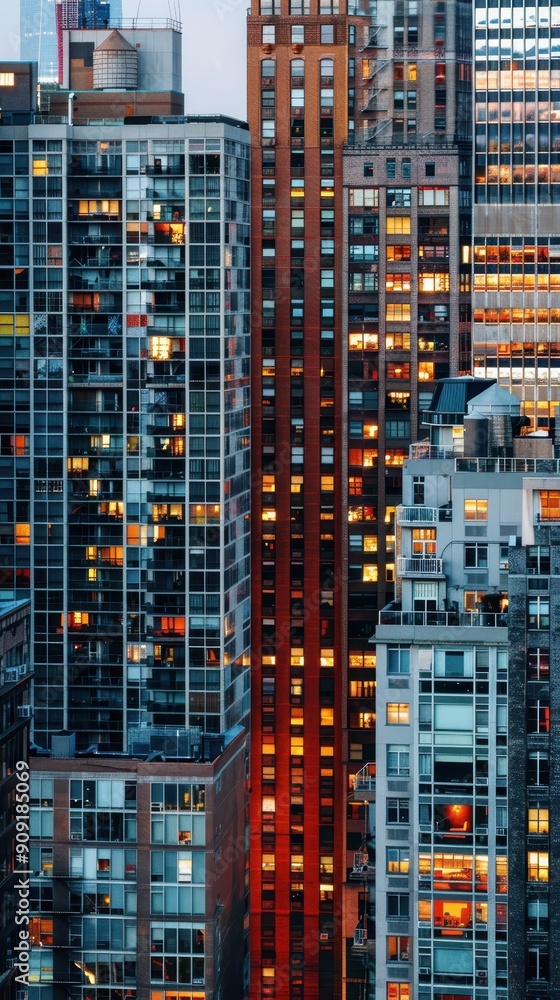 City skyscrapers glow with lights as evening descends over the urban landscape, showcasing vibrant city life City skyscrapers glow with lights as evening descends over the urban landscape, showcasing vibrant city life