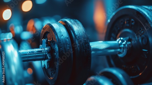 Close-up of a chrome dumbbell with weight plates in a gym setting. The blue lighting creates a dramatic atmosphere.