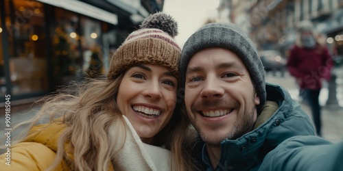 Wallpaper Mural Winter Wonderland Selfie: A happy couple smiles brightly for a selfie, bundled up in warm winter wear, against a backdrop of a charming, snowy cityscape. Their joyful expressions capture the magic of  Torontodigital.ca