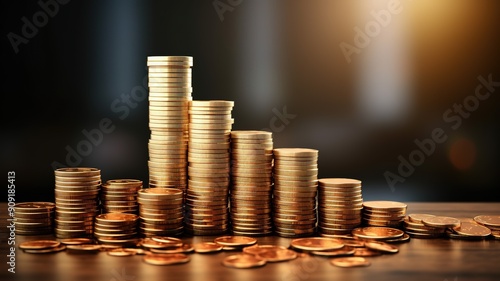 Stock rates fall and investment concept with increasing coin stack. photo