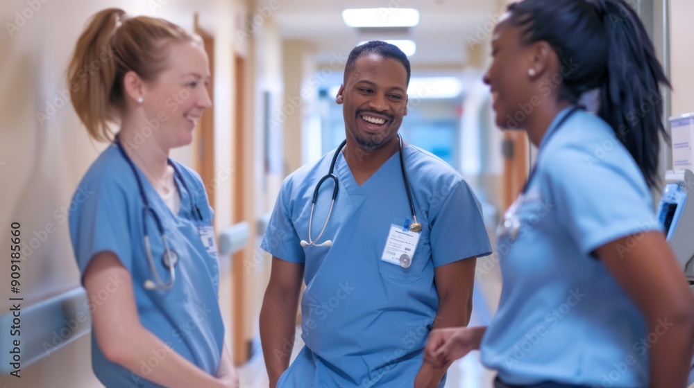 A diverse group of registered nurses in scrubs discussing patient care in a hospital hallway. A diverse group of registered nurses in scrubs discussing patient care in a hospital hallway.