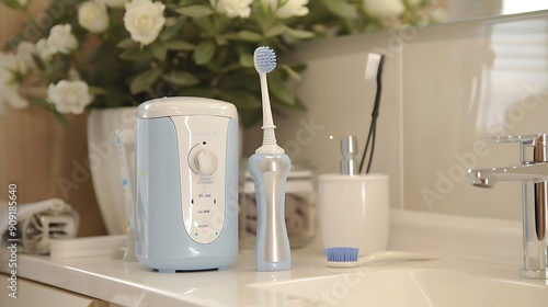 Portable oral irrigator kit in bathroom waterpik for family use photo