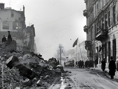 Historic black and white photo of Hungarian revolutionaries fighting for freedom on the streets. photo