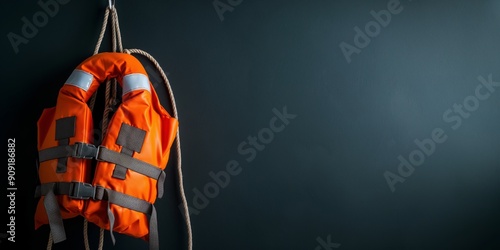 Safety First: A lone life jacket hangs against a stark black background, a potent symbol of preparedness and security.