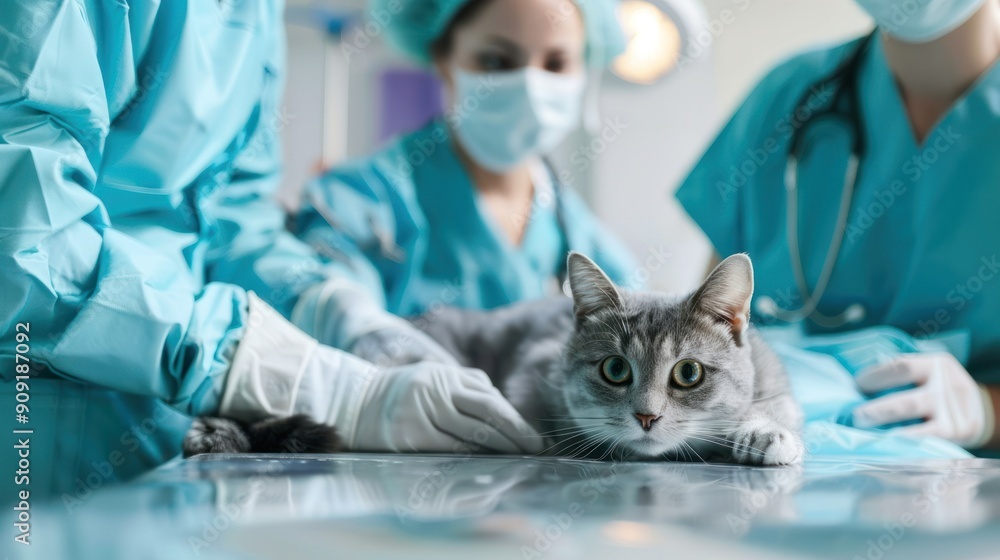 A veterinarian performing surgery on a injured cat in a surgical suite, assisted by veterinary technicians. A veterinarian performing surgery on a injured cat in a surgical suite, assisted by veterinary technicians.