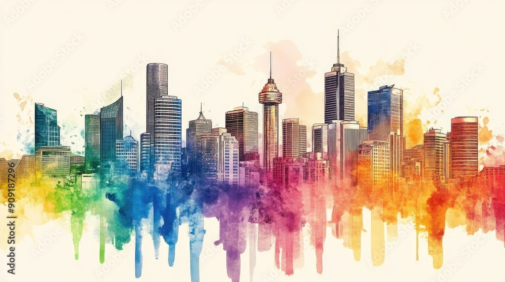 Artistic hand-drawn city skyline, showcasing diverse architectural styles against a colorful backdrop. Artistic hand-drawn city skyline, showcasing diverse architectural styles against a colorful backdrop.