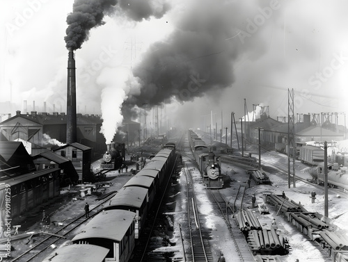 Historical black and white photo of factories and machinery symbolizing rapid economic transformation in 1800s.