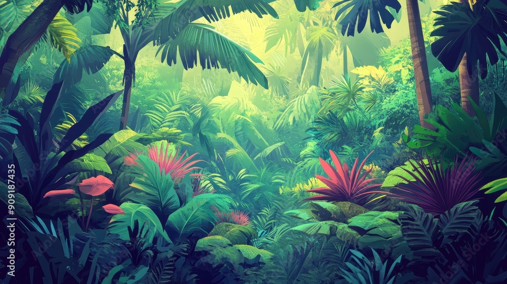 Artistic jungle illustration in cartoon style, showcasing dense vegetation and vibrant colors Artistic jungle illustration in cartoon style, showcasing dense vegetation and vibrant colors