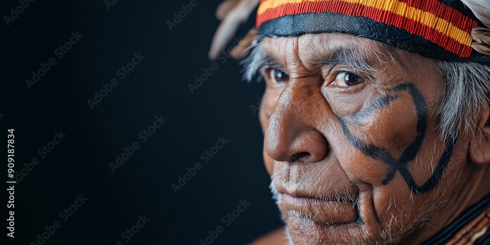 Obraz premium Guardian of Ancient Wisdom: A portrait of an indigenous elder, adorned with traditional markings, exudes wisdom and resilience against a stark background. 