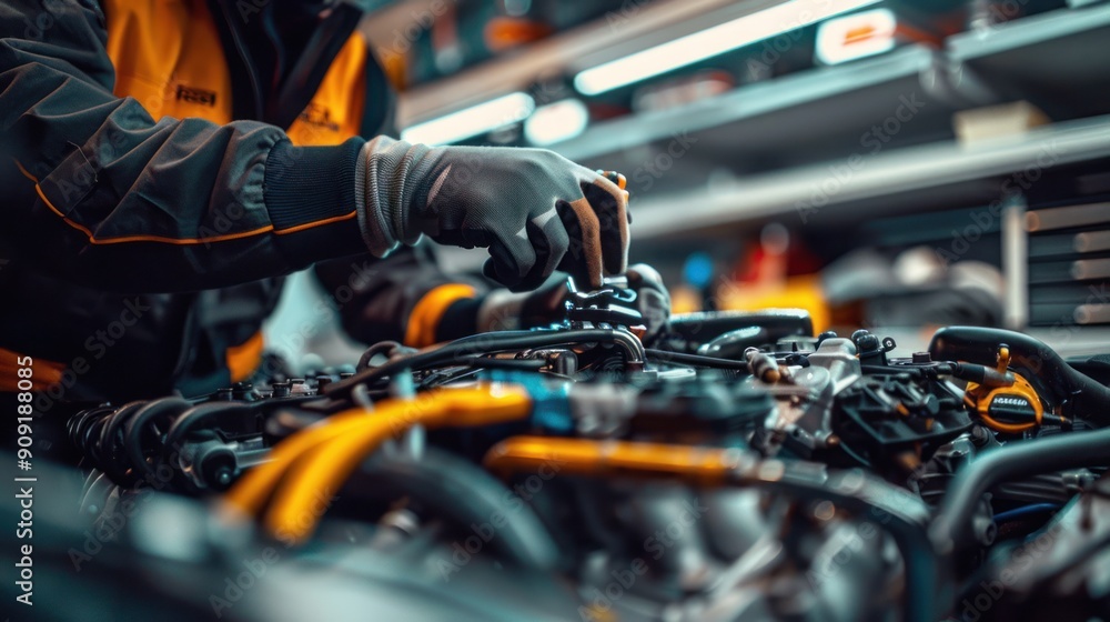 Motorsports mechanic tuning a race car engine in a pit garage Motorsports mechanic tuning a race car engine in a pit garage