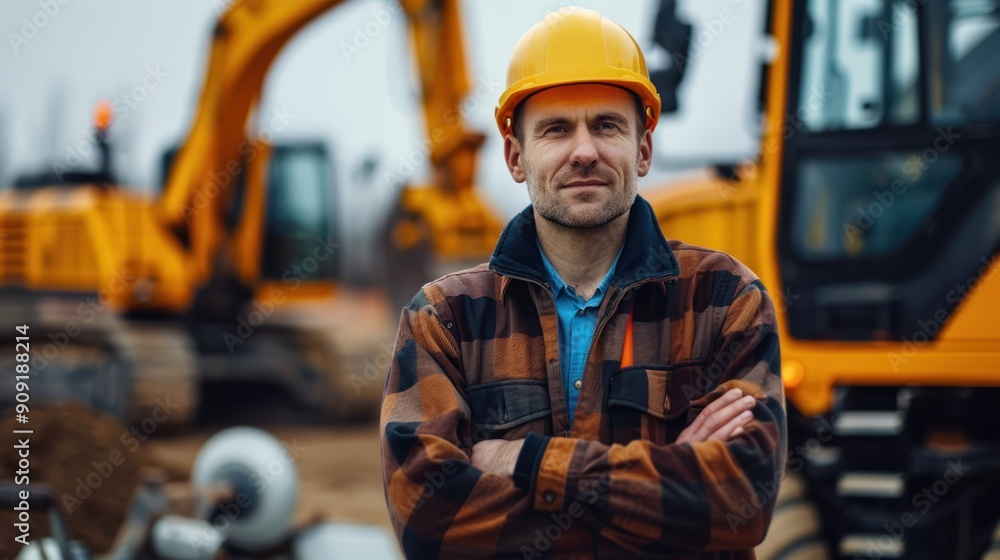 Portrait of a construction equipment mechanic with a hard hat, at a construction equipment yard Portrait of a construction equipment mechanic with a hard hat, at a construction equipment yard