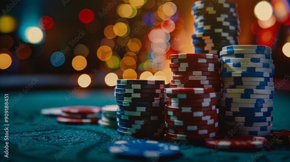 Poker chips on the table with bokeh background. Casino concept. Casino equipment.
Poker chips on the table with bokeh background. Casino concept. Casino equipment.