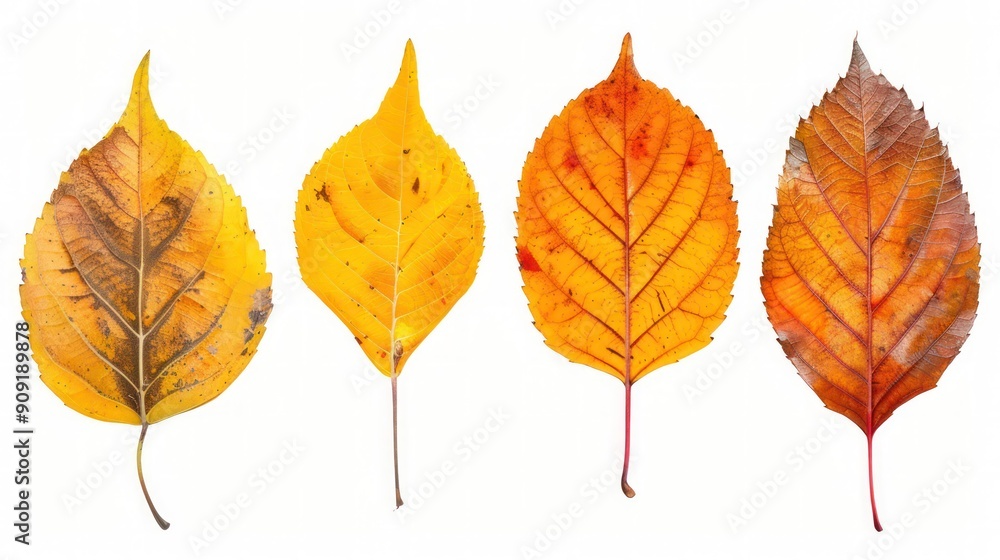 Naklejka premium Close-up collection of five distinct orange and yellow autumn leaves, showcasing their vibrant colors and textures, isolated on a panoramic transparent background.