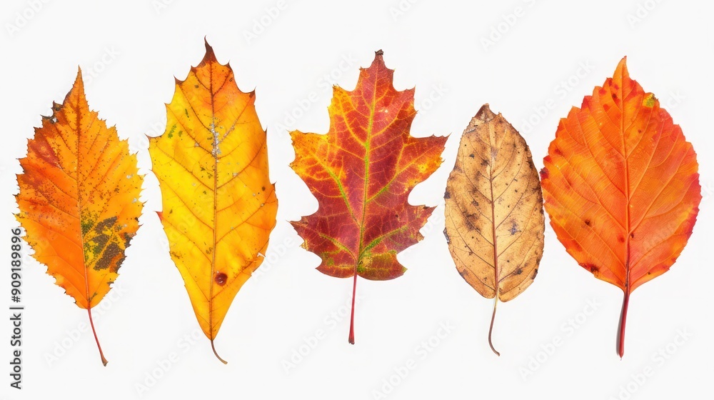 Close-up collection of five distinct orange and yellow autumn leaves, showcasing their vibrant colors and textures, isolated on a panoramic transparent background. Close-up collection of five distinct orange and yellow autumn leaves, showcasing their vibrant colors and textures, isolated on a panoramic transparent background.