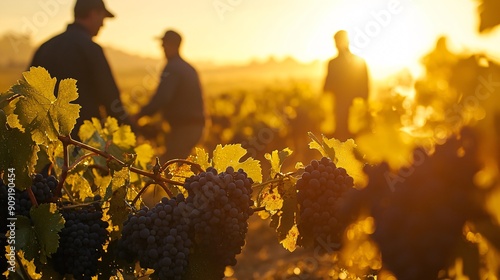 Workers beginning their day in a vineyard at sunrise, with dewy grapes glistening in the early morning light photo