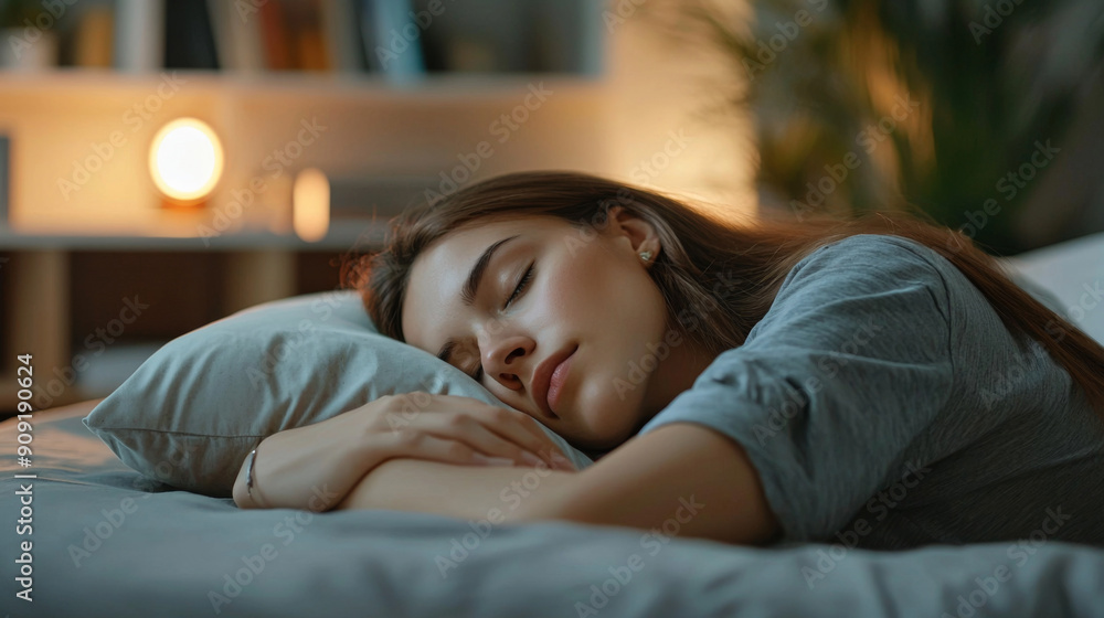 A woman is sleeping on a bed with a pillow A woman is sleeping on a bed with a pillow