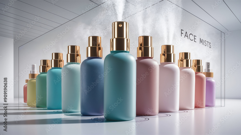 A group of bottles with different colored sprays in a row, AI A group of bottles with different colored sprays in a row, AI
