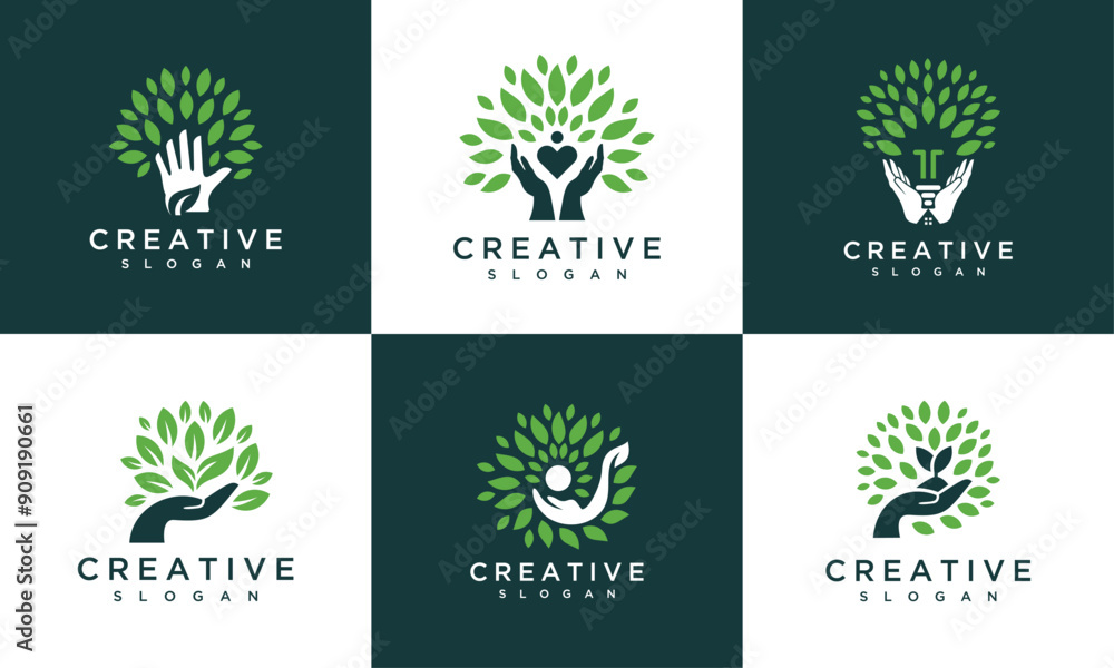 Collection of Nature hand logo design templates. Leaf and hand nature logo design inspiration Collection of Nature hand logo design templates. Leaf and hand nature logo design inspiration