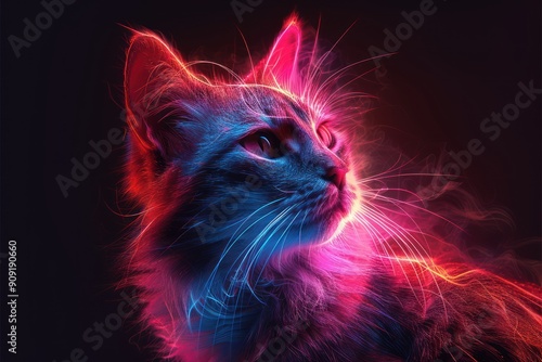 Cat in Neon Lights: A Mystical Portrait