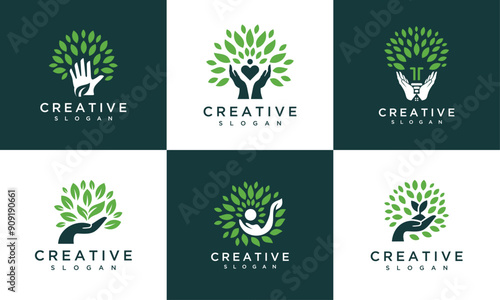 Collection of Nature hand logo design templates. Leaf and hand nature logo design inspiration