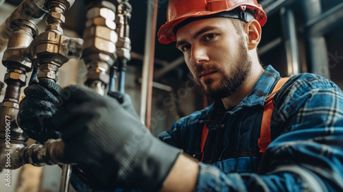 A man in a blue shirt and orange vest is working on a pipe