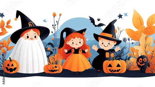 Cute kids in Halloween costumes with pumpkins and autumn leaves