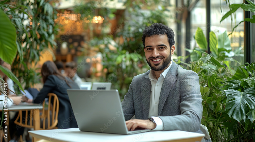 A happy middle eastern man in business attire working on his laptop at an open plan office with other people sitting around him, green plants and natural light. A happy middle eastern man in business attire working on his laptop at an open plan office with other people sitting around him, green plants and natural light.