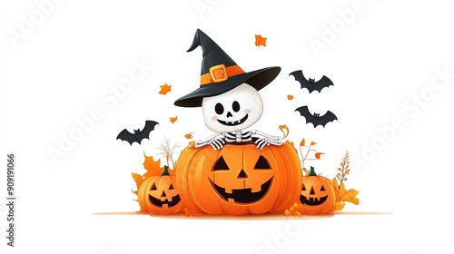 Cute skeleton wearing a witch hat and sitting on pumpkins for Halloween photo