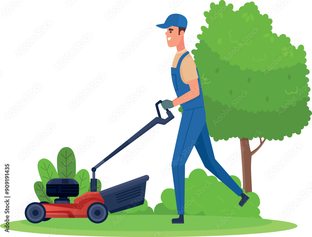 Lawn maintenance. Young worker trim green grass Lawn maintenance. Young worker trim green grass