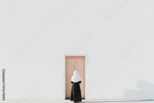 A minimalist photograph depicting a nun in traditional attire standing solemnly in front of a simple doorway against a plain white wall, evoking themes of solitude and contemplation. photo