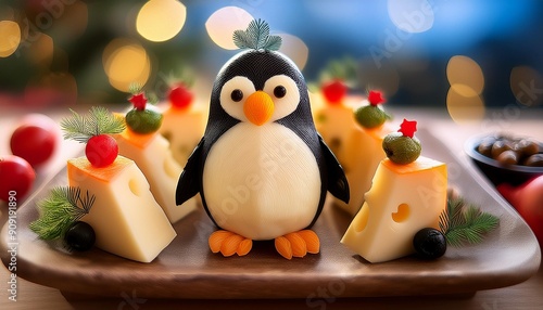  A creative cheese platter arranged to look like a penguin, using olives and veggies for deta photo