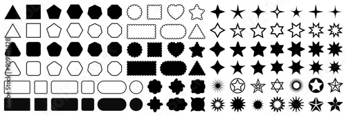 Geometric shapes set with rounded corners, triangle square pentagon hexagon heptagon octagon, sharp and slightly rounded version, stars