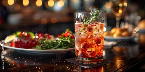 a glass of drink with ice and a plate of food on a table.