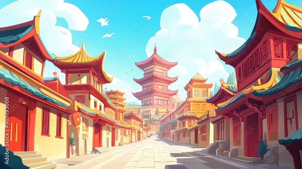 Fototapeta premium Cartoon illustration of a Chinese city, with traditional architecture and vibrant colors.