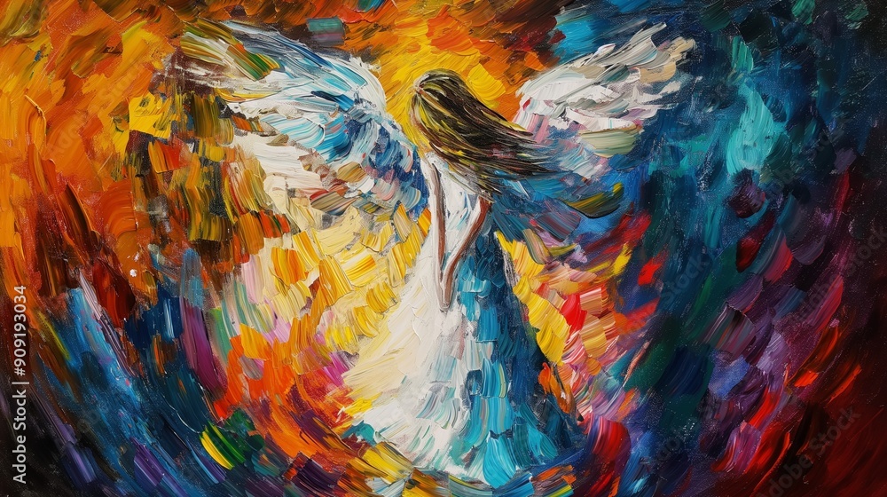 Vivid abstract painting of an angel with dynamic wings, bursting with a spectrum of colors from fiery oranges to deep blues, crafted in a bold impressionistic style. Perfect for modern art lovers. Vivid abstract painting of an angel with dynamic wings, bursting with a spectrum of colors from fiery oranges to deep blues, crafted in a bold impressionistic style. Perfect for modern art lovers.