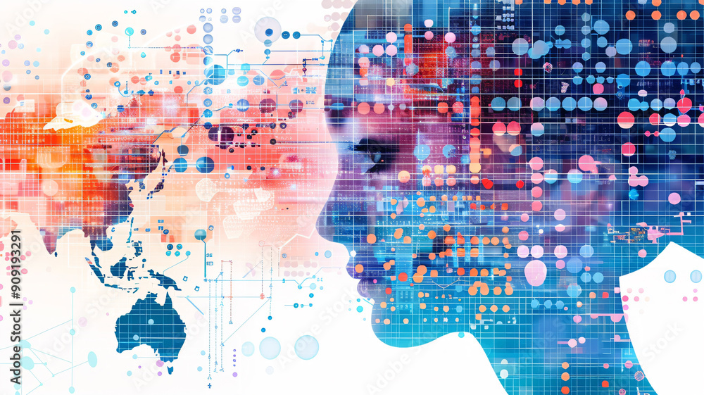 Obraz premium Abstract digital face silhouette with global network and data visualization