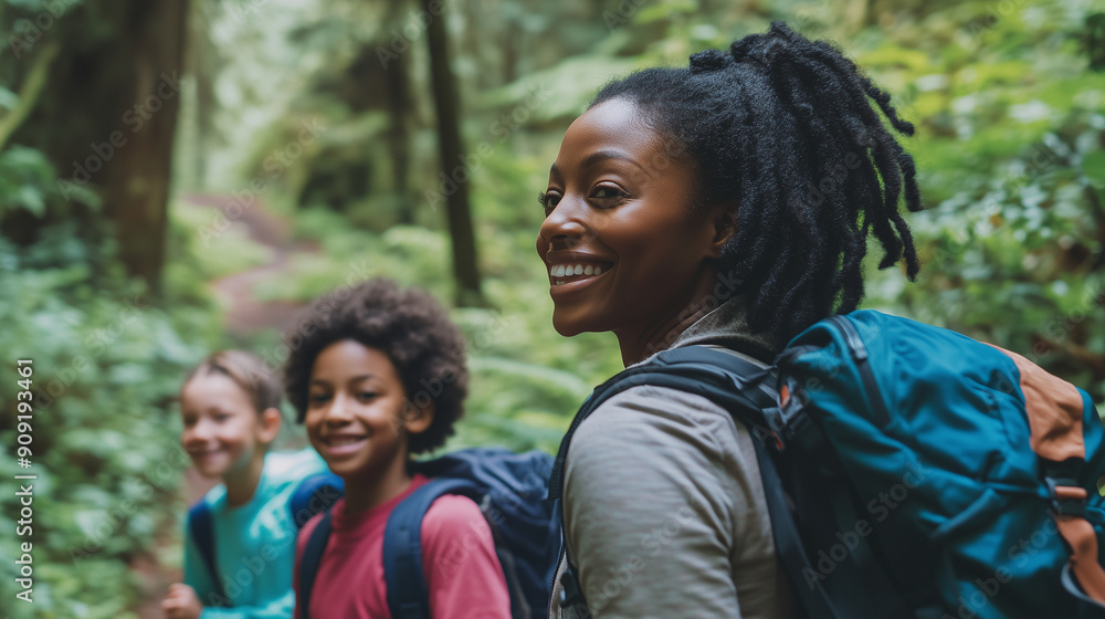 An African American family hiking in the forest, with two children and one woman wearing backpacks, all smiling at each other as they walk along an outdoor trail surrounded by lush An African American family hiking in the forest, with two children and one woman wearing backpacks, all smiling at each other as they walk along an outdoor trail surrounded by lush