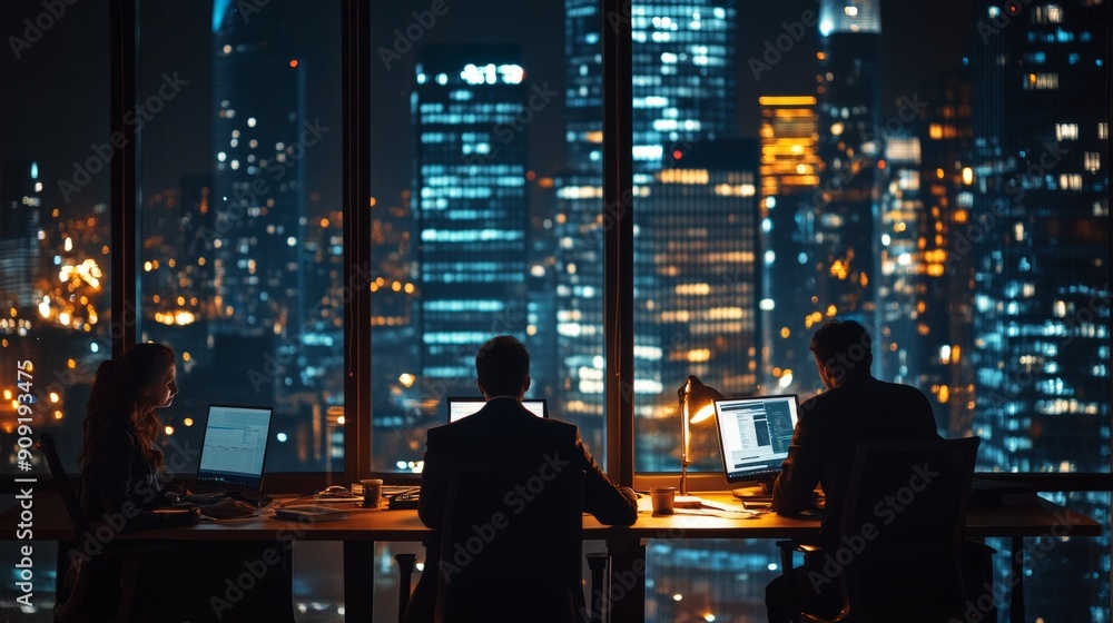 Finance Professionals Working Late in a High-Rise Office Overlooking City Lights Finance Professionals Working Late in a High-Rise Office Overlooking City Lights