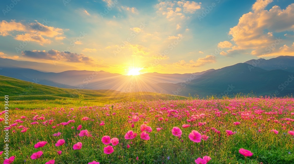 Obraz premium Sunrise Over Flowering Meadow