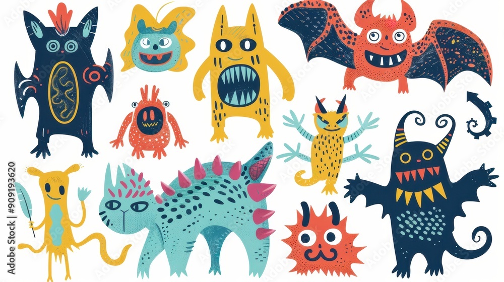A vibrant assortment of quirky monsters showcasing playful designs and vivid colors A vibrant assortment of quirky monsters showcasing playful designs and vivid colors