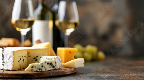 Assorted cheeses and wine glasses on a rustic wooden table, creating a cozy and elegant dining atmosphere.