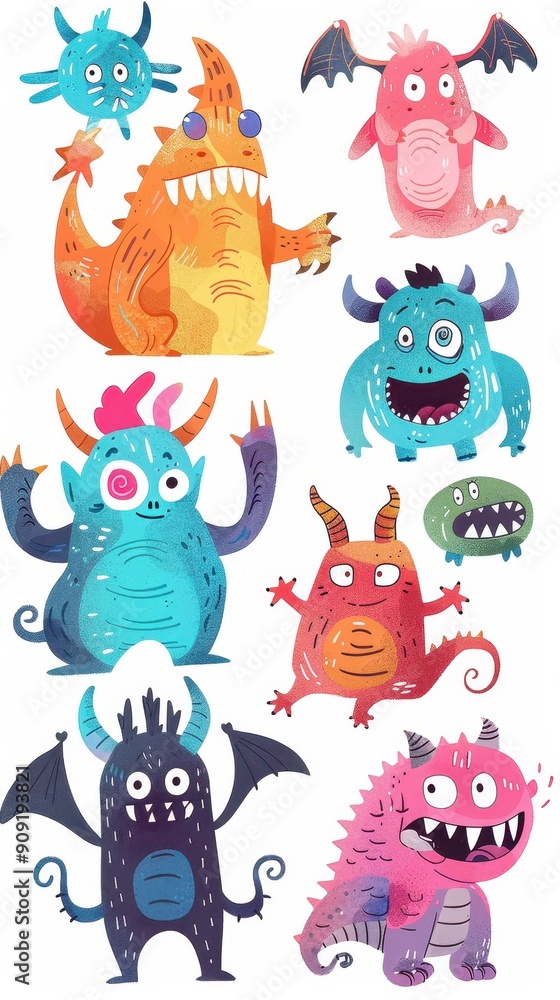 A variety of playful cartoon monsters displaying unique features and vibrant colors in a whimsical arrangement A variety of playful cartoon monsters displaying unique features and vibrant colors in a whimsical arrangement