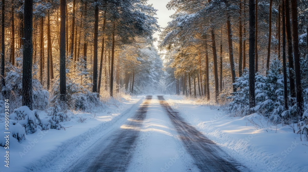 Enchanting Snow-Covered Pathway Through a Tranquil Winter Pine Forest Enchanting Snow-Covered Pathway Through a Tranquil Winter Pine Forest