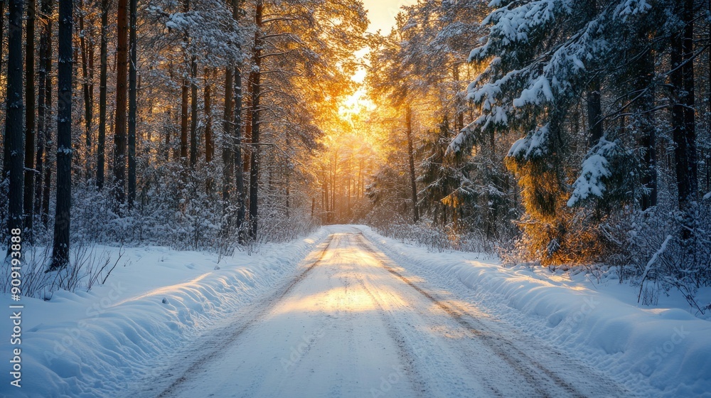 Serenity of a Snow-covered Road Winding Through a Pine Forest in the Glow of Sunset Serenity of a Snow-covered Road Winding Through a Pine Forest in the Glow of Sunset