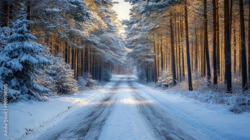 Enchanting Winter Wonderland: A Serene Snow-Covered Path Surrounded by Majestic Pine Trees