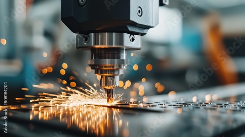 A close-up view of a CNC machine tool cutting through metal with sparks flying in all directions, representing precision, technology, and industrial prowess in modern manufacturing.