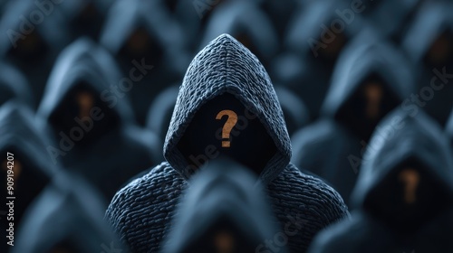 A mysterious figure cloaked in a dark hoodie with a question mark at the center, symbolizing anonymity, enigma, and the unknown, set against a blurred background of similar figures. photo